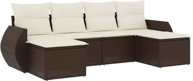 vidaXL 6-teilige Garten-Sofagarnitur in L-Form mit Kissen und Ottoman, Braun und Weiß, Poly Rattan mit Metallgestell - Bild 1