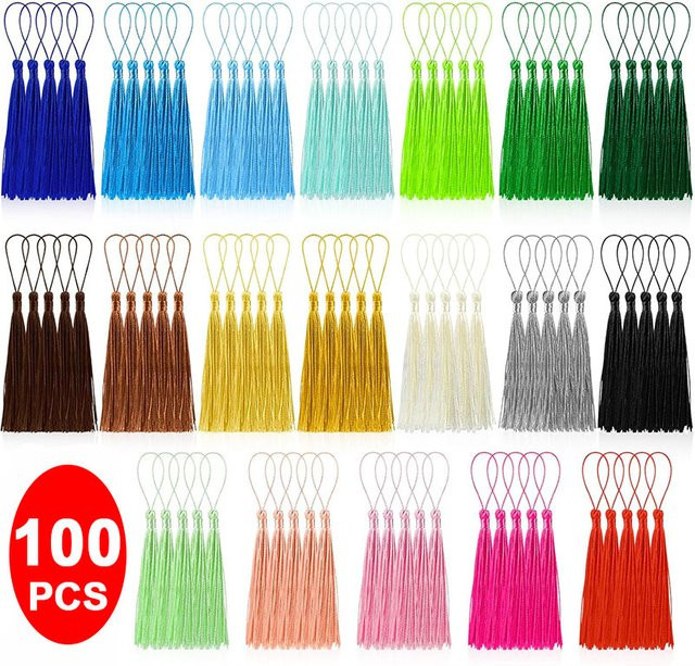 100 Stück Lesezeichen-Quasten in Gelb und Multicolour, handgefertigte Mini-Quasten mit Schlaufen für DIY-Bastelarbeiten und Schmuckherstellung - Bild 1