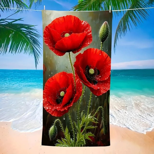 Mohn Strandtuch aus Polyester in Weiß und Rot, weiches Reisehandtuch für Strand und Schwimmbad, Breite: 80 cm, Höhe: 150 cm - Bild 1