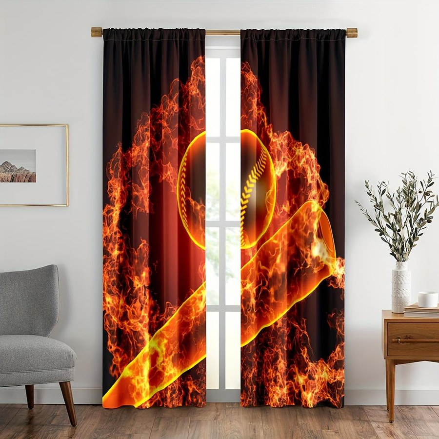 2er Set Basketball Vorhänge mit abstraktem Flammen-Design in Multicolour, halbtransparente Sportvorhänge für das Jugendzimmer, Breite: 100 cm, Höhe: 130 cm - Bild 3