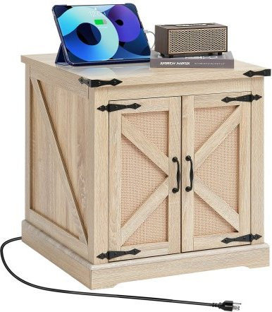 VEVOR Farmhouse Beistelltisch im Boho-Stil aus Holz und PE-Rattan in Braun und Beige, rechteckiger Couchtisch mit Stauraum, B/T/H: 61,5 x 60,0 x 60,0 cm - Bild 1