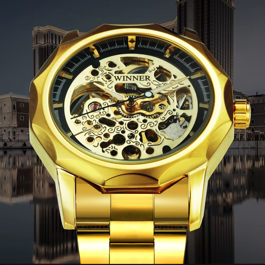 WINNER Armbanduhr Automatik, Gold, Edelstahlarmband, Herren, Leuchtzeiger - Bild 4