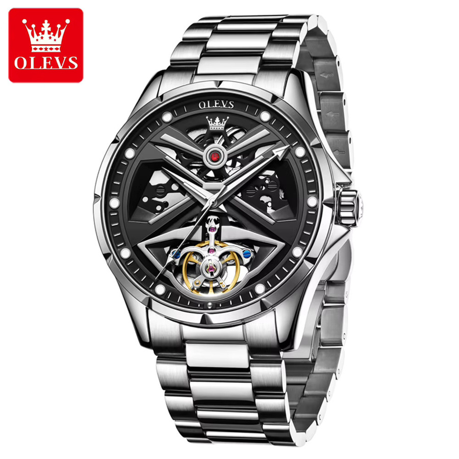 OLEVS Armbanduhr Automatik, Edelstahl, Leder, Schwarz, Herren - Bild 5
