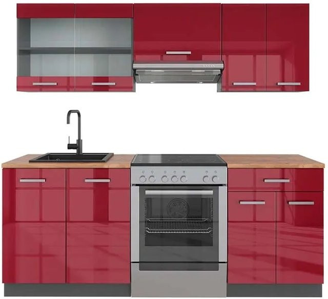Vicco R-Line Küchenzeile Bordeaux Hochglanz und Anthrazit mit Eiche, Breite: 200 cm - Bild 1