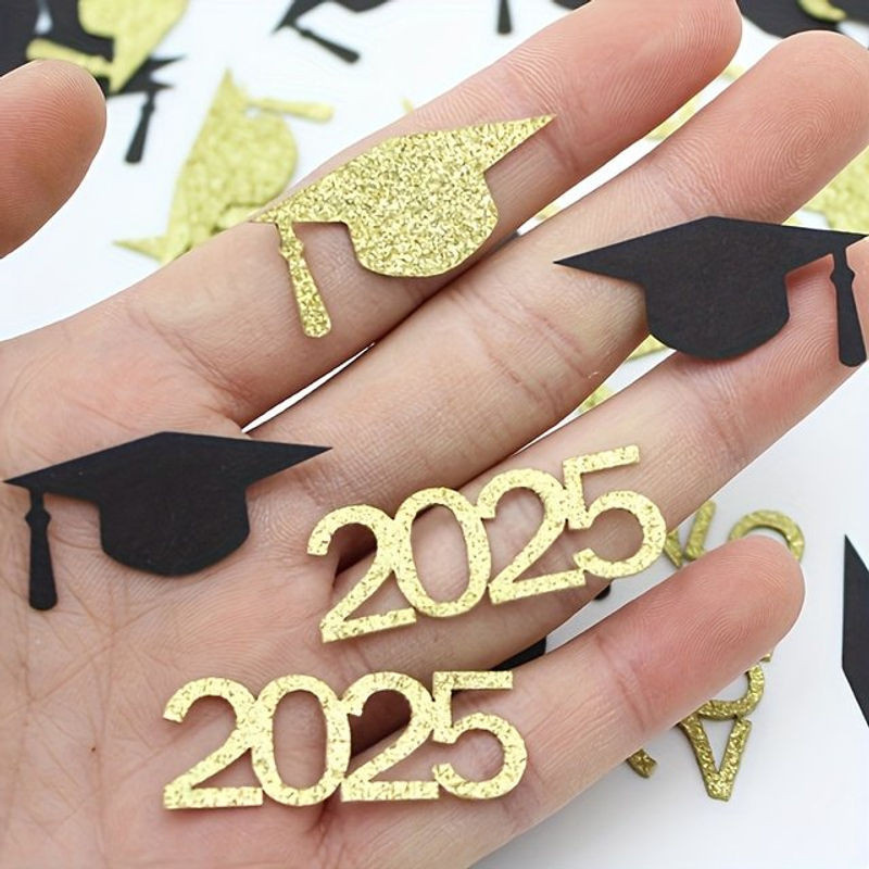 100 Stück Abschlusskappe-Konfetti in Schwarz und Gold aus Papier für deine Abschlussfeier - Bild 1