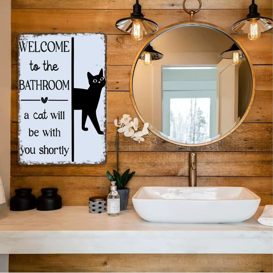 Potdemiel Metallschild Welcome To The Bathroom, A Cat Will Be With You Shortly Retro Wandkunst mit Katzenmotiv in Weiß, Breite: 20,3 cm, Höhe: 30,5 cm - Bild 5