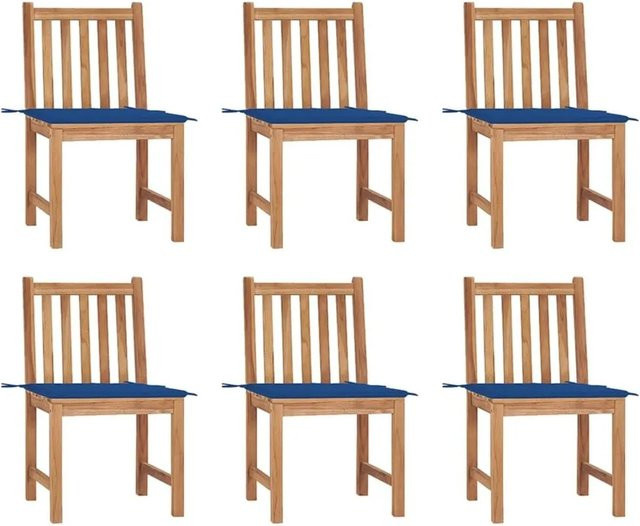 vidaXL Gartenstuhl-Set aus Teak-Massivholz mit blauen Kissen, 6 Stück - Bild 1