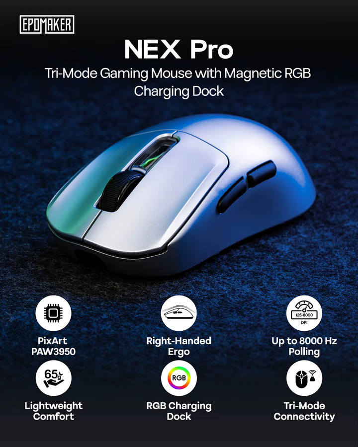 EPOMAKER NEX Pro Tri-Mode Kabellose Ergonomische Gaming-Maus mit PixArt PAW3950 Sensor, RGB-Ladestation, 8000Hz Polling und 42K DPI in Silber - Bild 2