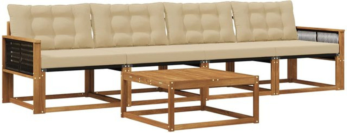 vidaXL Outdoor-Sofagarnitur aus Akazie mit 5 Teilen und Kissen in Natur und Beige - Bild 1