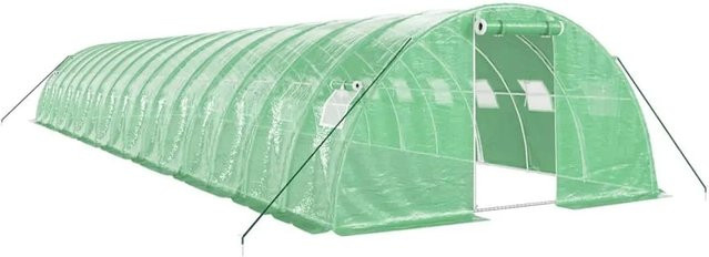 vidaXL Gewächshaus aus verzinktem Stahl in Grün mit PE-Abdeckung und aufrollbaren Netzfenstern B: 16 m, T: 4 m, H: 2 m - Bild 1