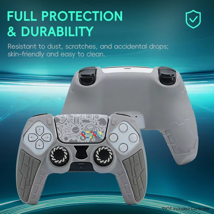 DATA FROG Silikon-Schutzhülle für PS5 DualSense Controller in Grau mit klassischen Thumbstick-Kappen - Bild 4