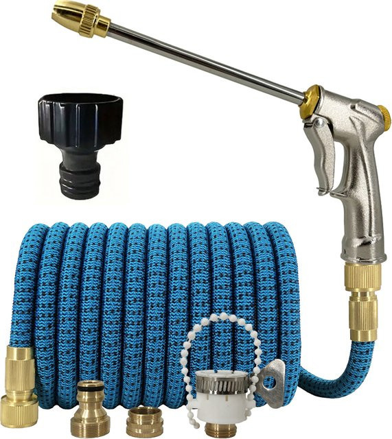 FLOWERS SPRAL Magischer Gartenschlauch in Blau mit Metall-Sprühpistolen-Set zur Outdoor-Bewässerung und Autowäsche - Bild 1