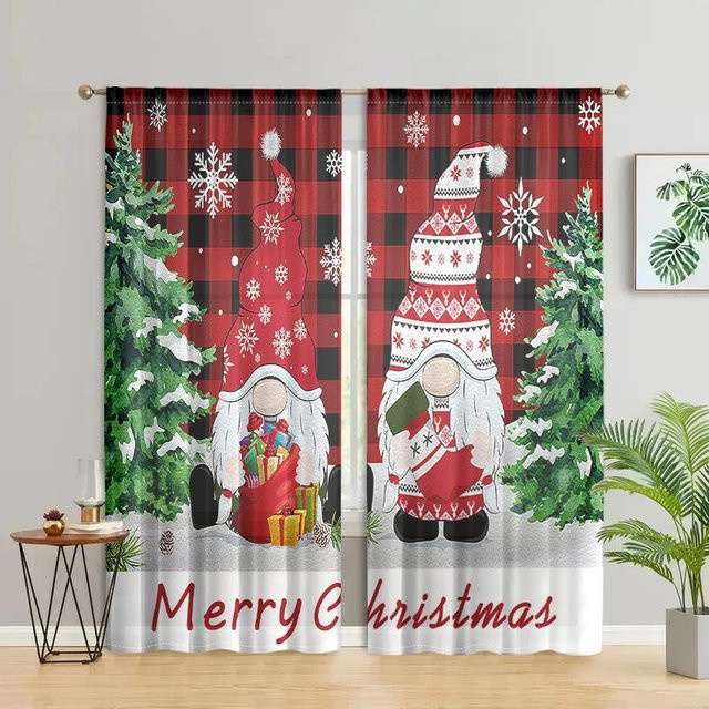 2er-Set Weihnachtsgnom Gittervorhänge mit Schneeflocken-Muster in Braun und Rot, halbtransparent, Breite: 150 cm, Höhe: 166 cm - Bild 1