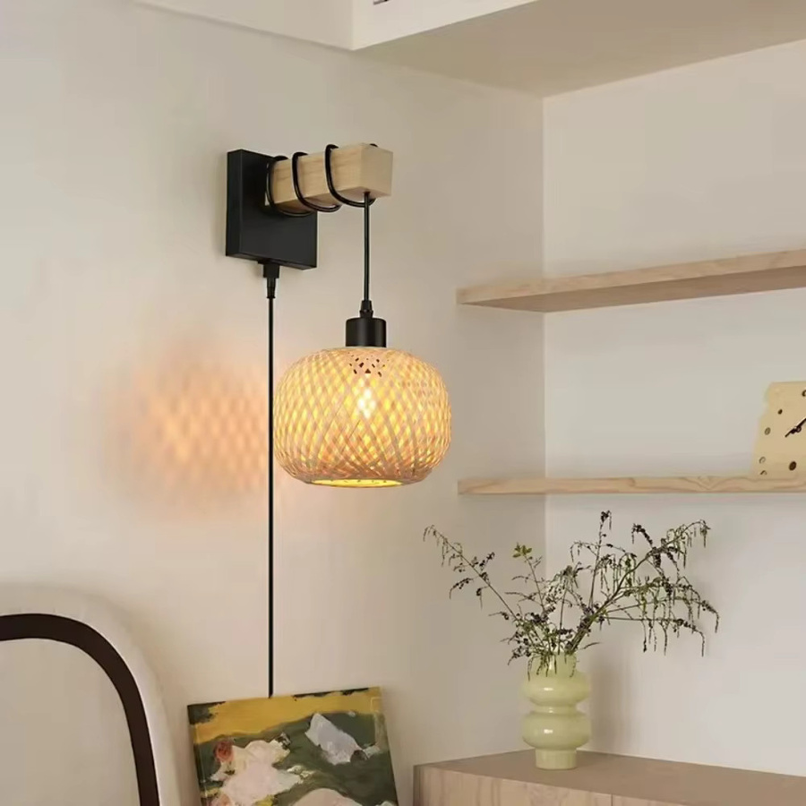 JOYINLED Plug-In-Wandleuchte aus Rattan und Bambus in Beige im Boho-Stil als elegantes Nachtlicht für dein Schlafzimmer - Bild 2