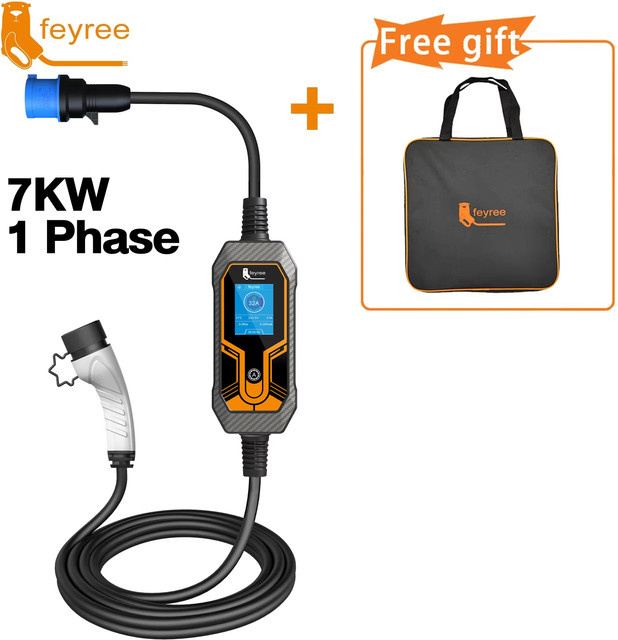 Feyree Tragbares EV-Ladegerät Wallbox Typ2 7kW 32A 1-Phasig mit 5m Kabel und CEE-Steckdose in Schwarz - Bild 1