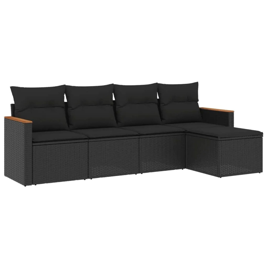 vidaXL 5-tlg. Garten-Sofagarnitur in L-Form aus Polyrattan und Akazienholz in Schwarz mit Sitzkissen und Stauraum - Bild 2