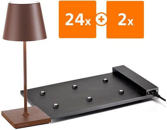 Zafferano Poldina Pro Mini LED-Akkuleuchten Set mit 24 dimmbaren Tischleuchten und 2 Multikontakt-Ladestationen in Braun - Bild 1