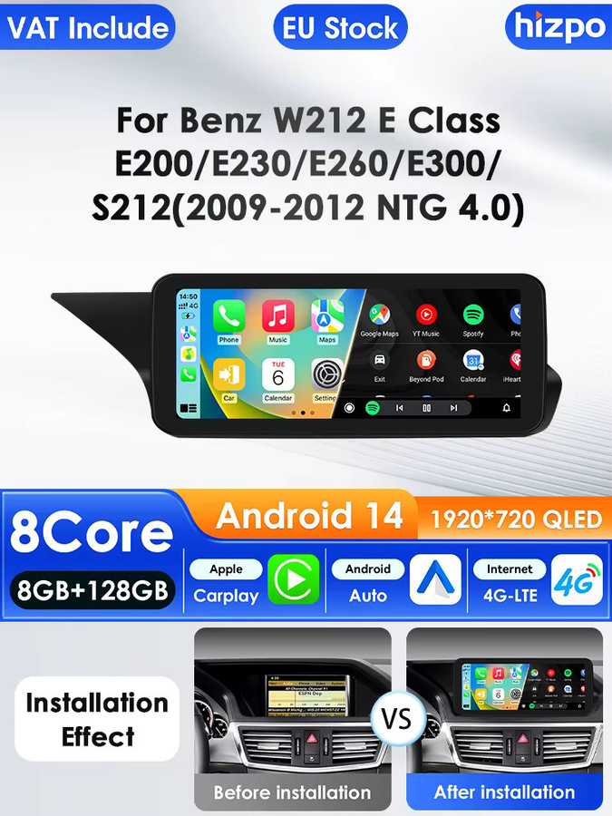 Hizpo Android 14 Autoradio mit 4G AI System und GPS für Mercedes Benz E-Klasse W212 2009–2016, Multimedia-Video-Player in Schwarz - Bild 5