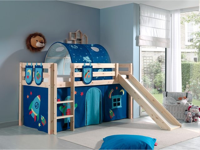 Vipack Spielbett Pino aus massiver Kiefer mit Rutsche, Vorhang, Tunnel und 3 Taschen in Dessin Astro - Bild 1