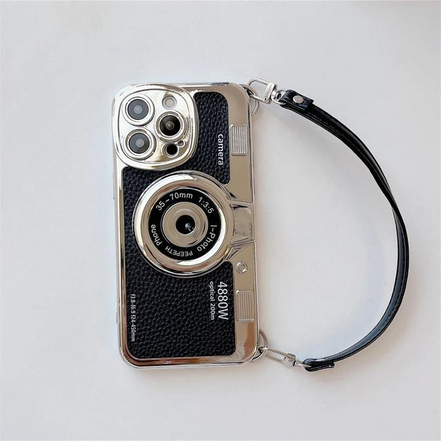 Rui Di Luxus Retro Stereo Kamera Handyhülle mit Lanyard für iPhone 16 15 14 13 12 11 Pro Max Plus in Schwarz mit Leder Muster - Bild 1