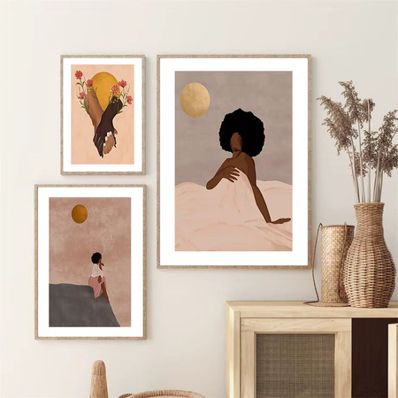 Potdemiel Boho Leinwandbild mit Frau, Sonne, Mond und Monstera Blättern in Schwarz und Mehrfarbig für deine Wohnzimmer Dekoration