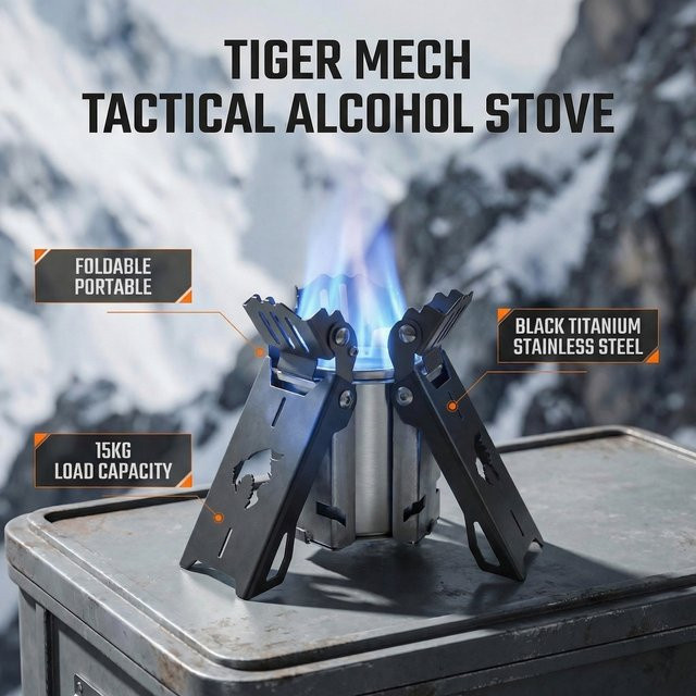Tiger Mecha Taktischer Alkoholofen aus Edelstahl, tragbarer und ultraleichter Campingbrenner in Silber, 260 g - Bild 1