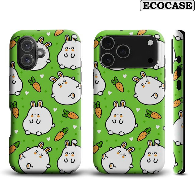 Potdemiel Handyhülle Chubby White Bunny & Carrot für iPhone 17 16 15 14 13 12 Pro Max Plus mit doppelschichtiger Rückseite in Weiß - Bild 1
