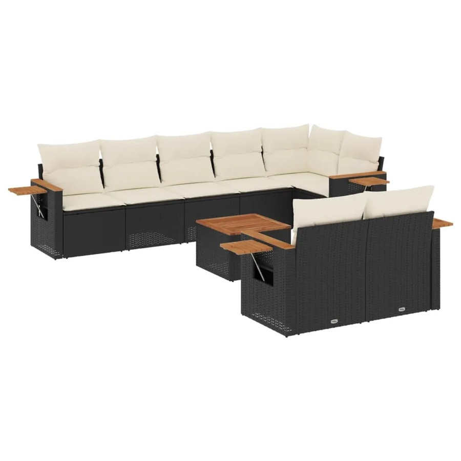 vidaXL 9-tlg. Garten-Sofagarnitur in L-Form aus Poly-Rattan und Akazienholz in Schwarz-Creme mit Kissen - Bild 2