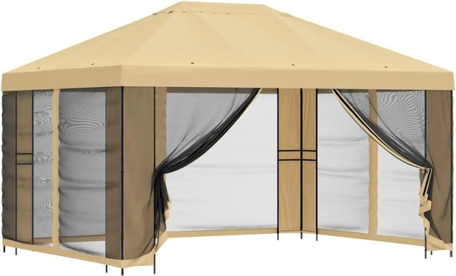vidaXL Garten Pavillon mit Seitenwänden und Netzwänden aus Polyester und Stahl in Creme/Beige, B/T/H: 400 x 300 x 276,5 cm - Bild 1
