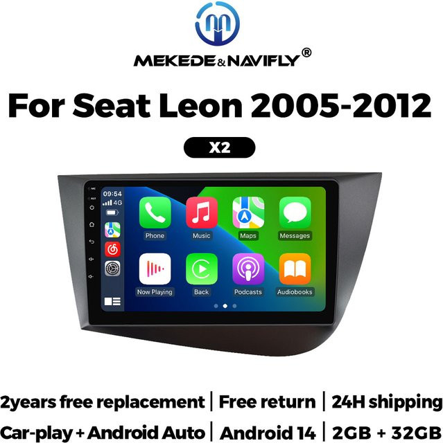 NaviFly Android 14 Autoradio mit Wireless Carplay für Seat Leon 2 MK2 2005-2012, 2GB RAM, 32GB Speicher, Schwarz, mit WIFI und GPS - Bild 1