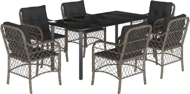 vidaXL 7-teilige Garten-Essgruppe aus Poly Rattan in Grau mit Glasplatte und Kissen - Bild 1