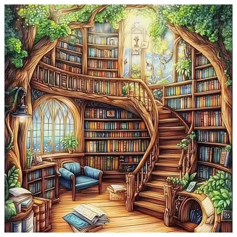 HUACAN Stickerei-Set Hauslandschaft mit Bücherregal und Laden, Kreuzstich-Set auf bedruckter Leinwand, Multicolor - Bild 4