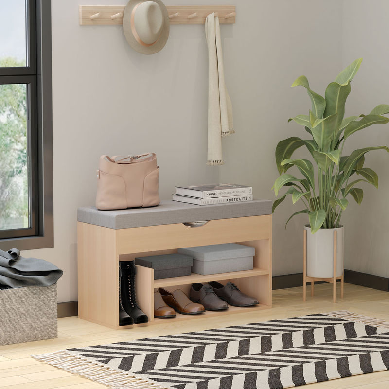 Aosom Schuhbank als Sitzbank und Sitztruhe mit Schuhregal und verstecktem Fach, Leinen, Natur+Grau, B/T/H: 80 x 30 x 48 cm - Bild 2