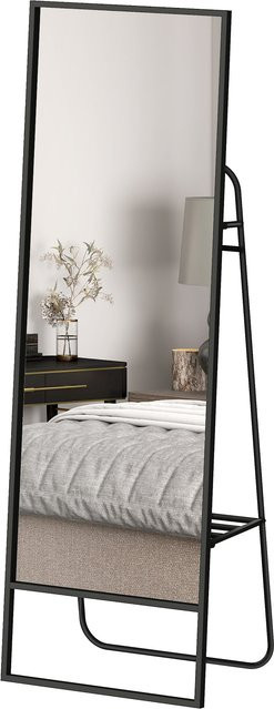 HOMCOM Ganzkörperspiegel mit Regal und 2 Haken, rechteckiger Standspiegel aus Metall und MDF in Schwarz, Höhe: 157 cm, Breite: 50 cm, Tiefe: 50 cm - Bild 1