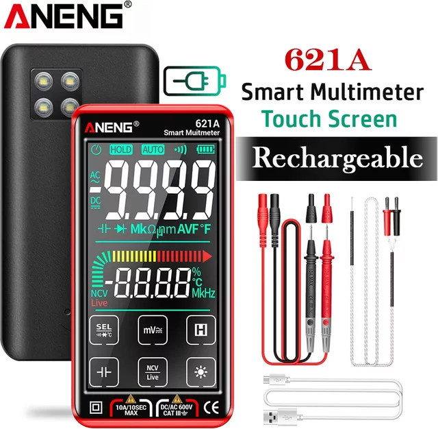 ANENG Digitales Multimeter mit Touchscreen, wiederaufladbar, 9999 Counts, Tester für AC/DC-Spannung, Strom, Kondensator und Transistor, Farbe: Rot - Bild 1