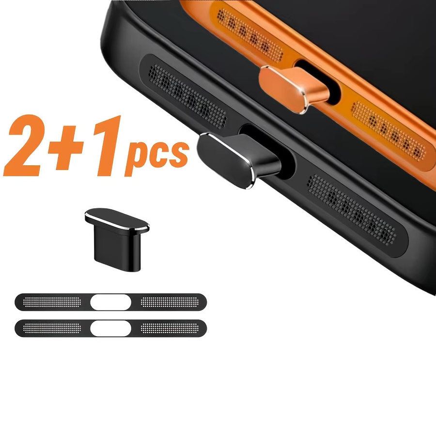 3-teiliges Metall-Staubschutzset für Apple iPhone 17 Pro Max und iPhone 17 Pro in Silber mit Lautsprecher-Staubschutzgittern und USB-C Staubschutzstopfen - Bild 3