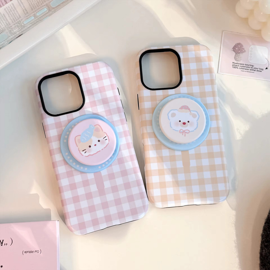 MUQGEW Magnetische Handyhülle mit koreanischem Gittermuster und Cartoon-Tier-Design für iPhone 11 bis iPhone 17 Pro Max, stoßfeste Schutzhülle, Multicolour - Bild 3