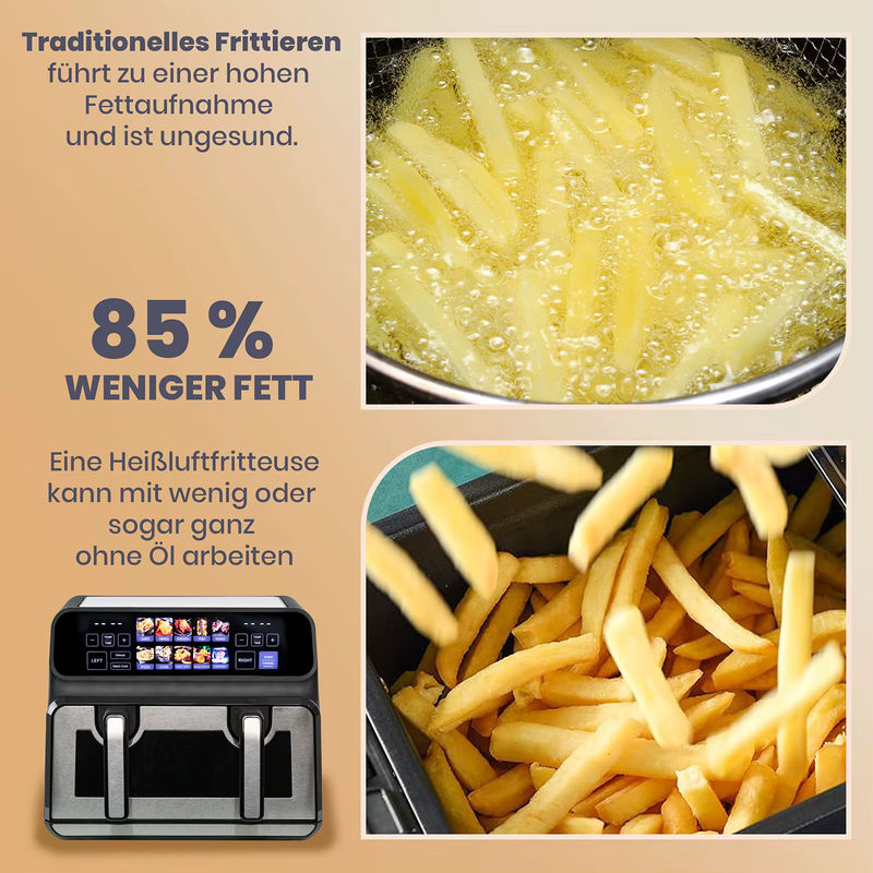 Sinaopus Heißluftfritteuse 2200W mit 9L Doppelkorb, Ölfreier Kocher in Schwarz mit LED-Touch-Steuerung und Sichtfenster, 10-in-1 Multifunktion - Bild 3