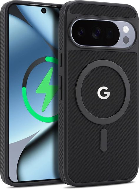 Luxuriöse MagSafe Schutzhülle im Carbon-Look aus Leder für Google Pixel 11, 10, 9 Pro XL und 10A in Schwarz - Bild 1