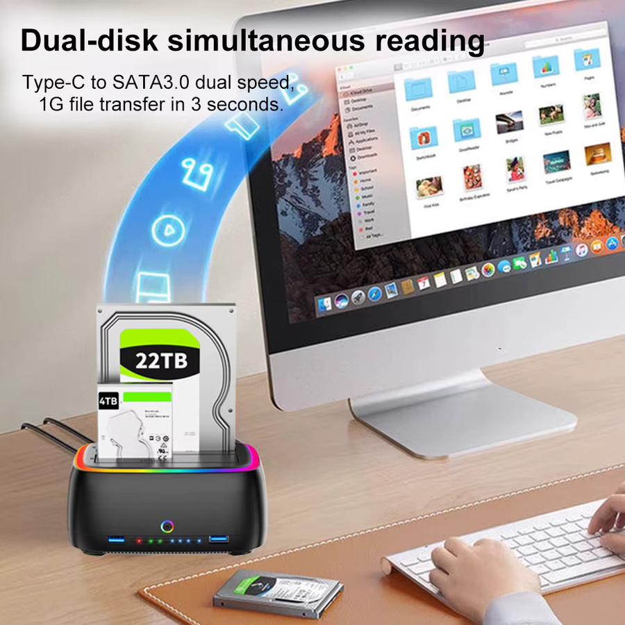 Kebidu 7-in-1 Dual-Bay Festplattenstation USB 3.0 SATA HDD-Dockingstation für 2,5 und 3,5 Zoll HDD/SSD mit Offline-Klon-Funktion und TF/SD-Kartenleser, Schwarz - Bild 3