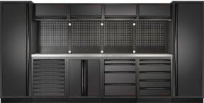 Kraftwerk 6-Element-Schrankwand mit Vierkantlochwand und INOX-Arbeitsplatte, schwarz, Breite: 392 cm - Bild 1