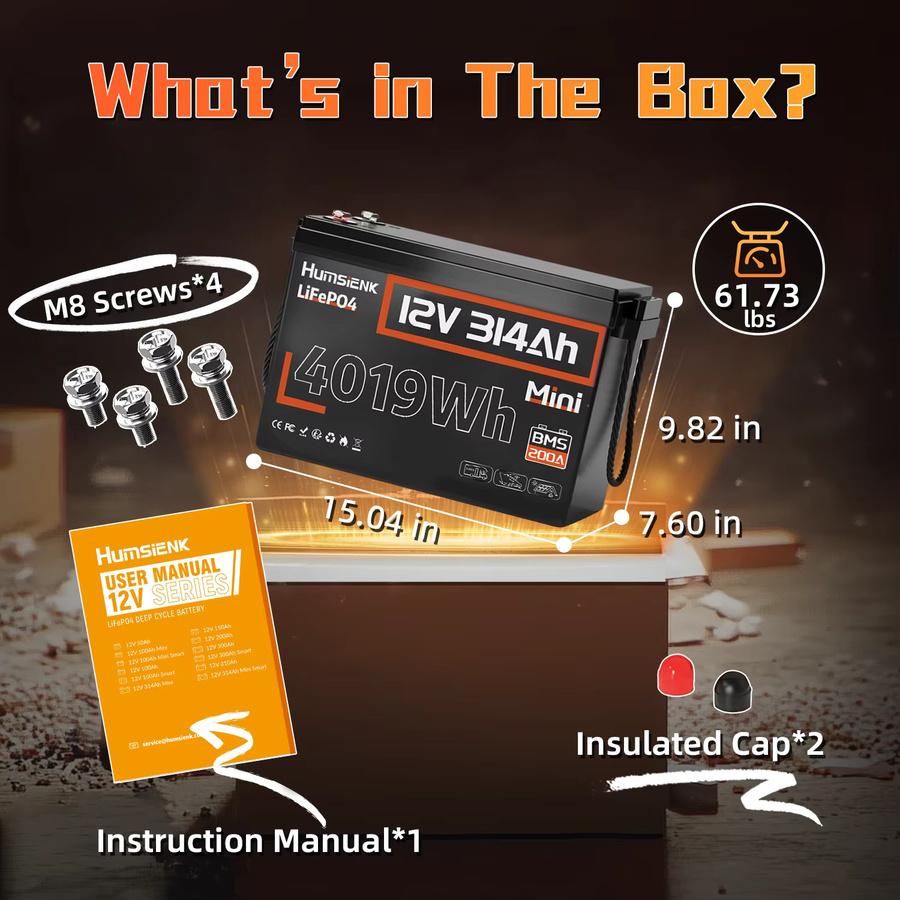 Humsienk LiFePO4 Batterie 12V 314Ah Schwarz Wiederaufladbare Mini-Batterie mit Tiefentladezyklus - Bild 5