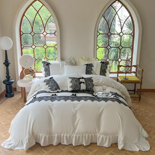 Bin Chi Textiles Bettwäsche-Set Vintage Französischer Stil mit Spitzenrüschen in Schwarz, 4-teilig aus Mikrofaser, Queen Size, B/H: 150 x 200 cm - Bild 1