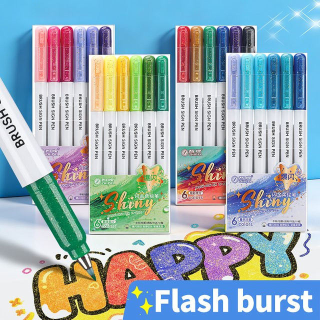 Zhipai 6 Stück Glitzer-Kalligrafie-Markerstifte in Multicolour und Weiß mit Brush-Spitze für kreative Schreibarbeiten - Bild 1