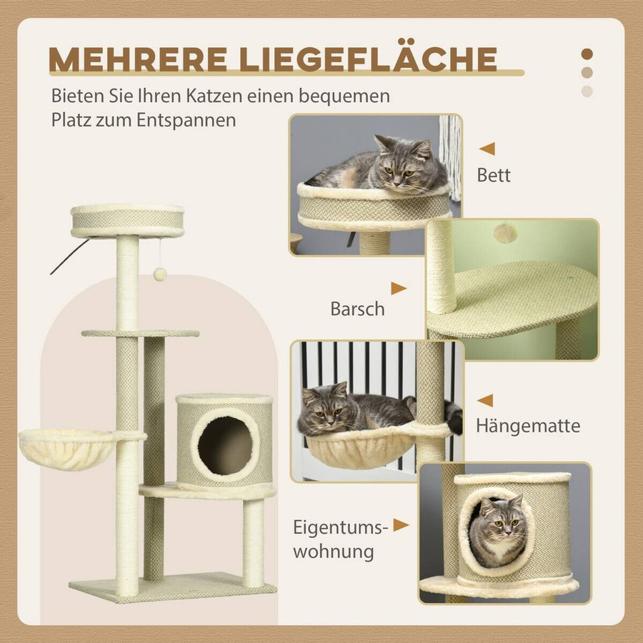 PawHut Kratzbaum mit Katzenhöhle, Hängematte und Spielzeug in Braun, Beige oder Weiß, Höhe: 124 cm - Bild 2