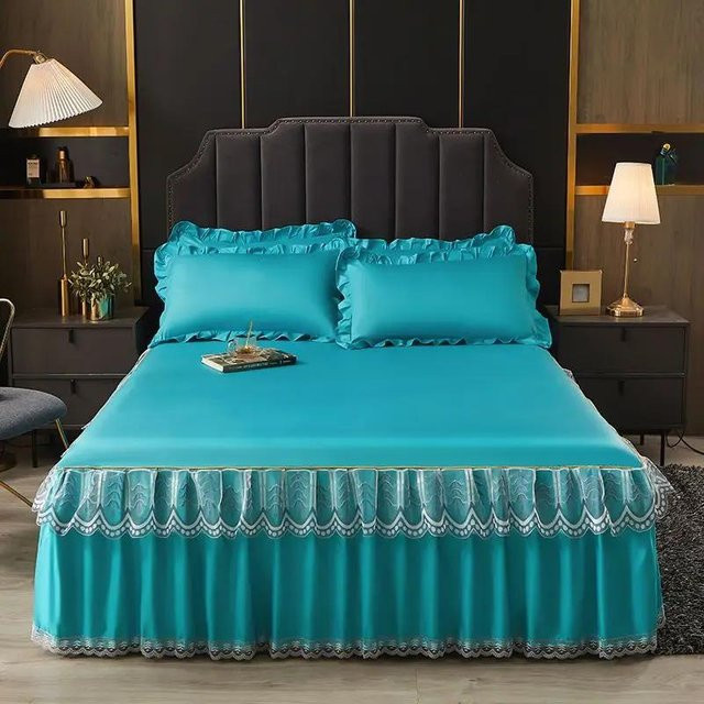 Yiran Furniture Bettrock aus Satin in Türkis mit Spitzenbesatz, B/B: 120 x 200 cm - Bild 1