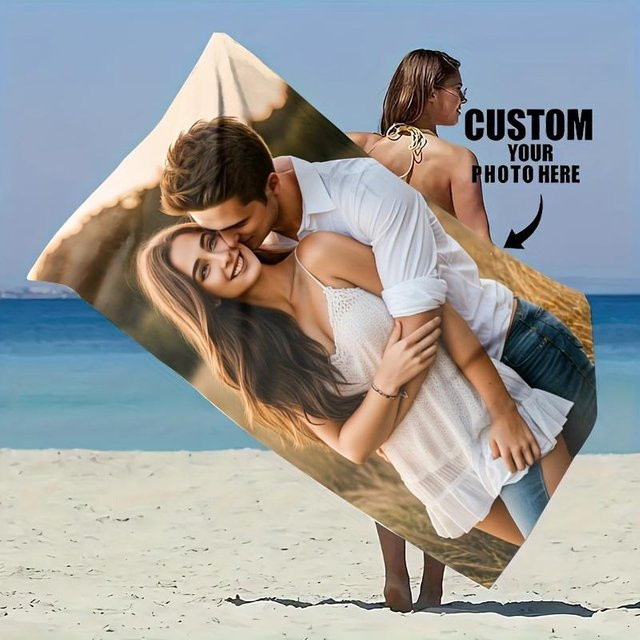 Personalisiertes Strandtuch mit Paarfoto von JMG Household Supplies, schnell trocknendes Mikrofaser-Badetuch, B/H: 90 x 180 cm - Bild 1