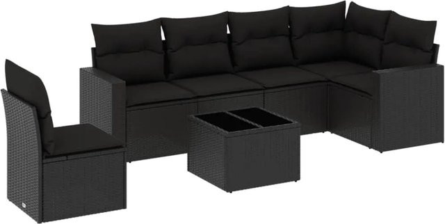 vidaXL 7-tlg Garten-Sofagarnitur in L-Form aus schwarzem Poly-Rattan mit UV-beständigen Kissen und pulverbeschichtetem Stahlgestell - Bild 1