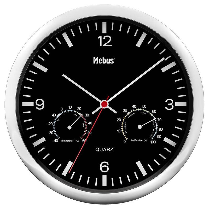 Mebus Wanduhr schwarz rund mit Quarzwerk und Klimastation, Durchmesser: 25 cm - Bild 4