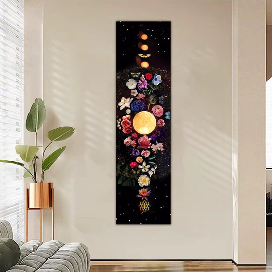 A BRIGHT RAINBOW Wandteppich mit Mondphasen, Sternen und Blumen in Schwarz im Boho-Stil, Breite: 150 cm, Höhe: 40 cm - Bild 3